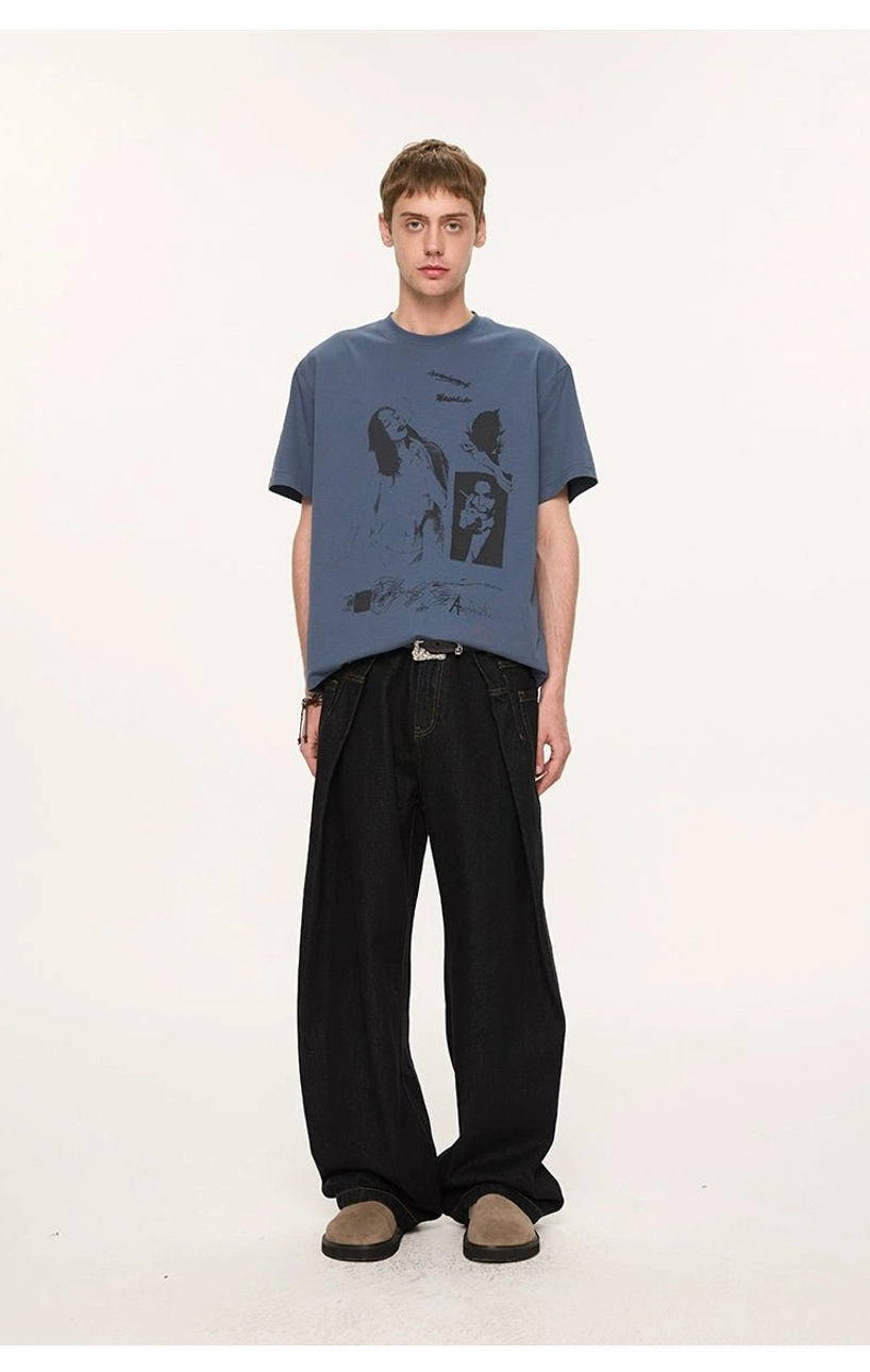 UPF 50+ retro graphic print T-shirt product image featuring relaxed Korean streetwear styling and artistic portrait artwork