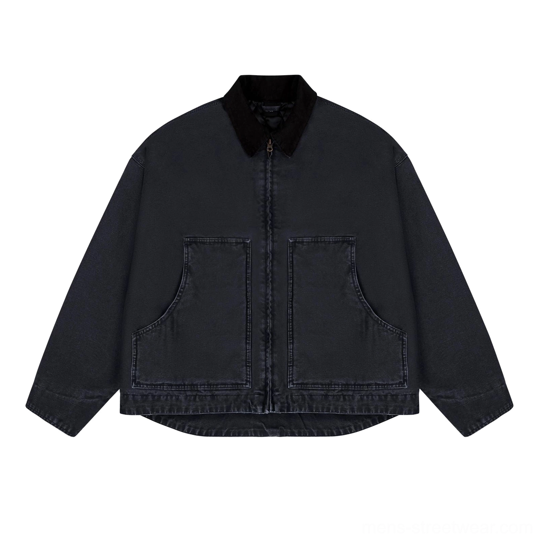 Urban canvas jacket with structured workwear styling, relaxed fit, metal zipper, and comfortable quilted interior