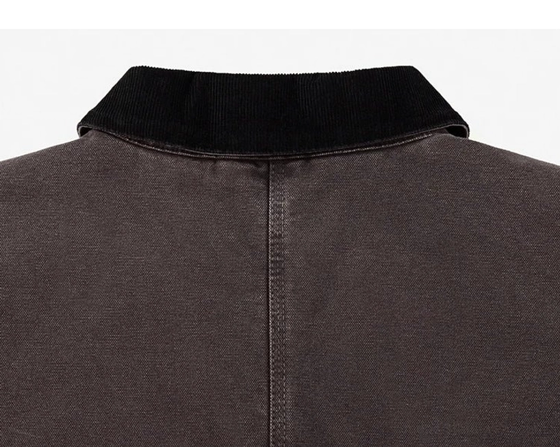 Urban casual work jacket with contrast corduroy collar, structured cotton canvas shell, and relaxed cropped profile