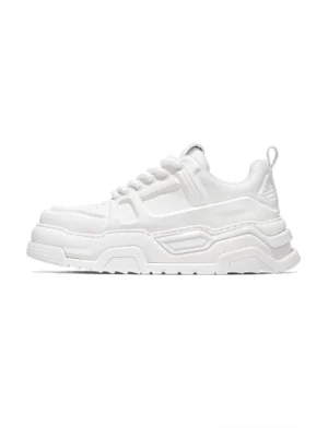 All-white urban chunky platform sneakers shown in left side profile with layered thick rubber sole and rear pull tab