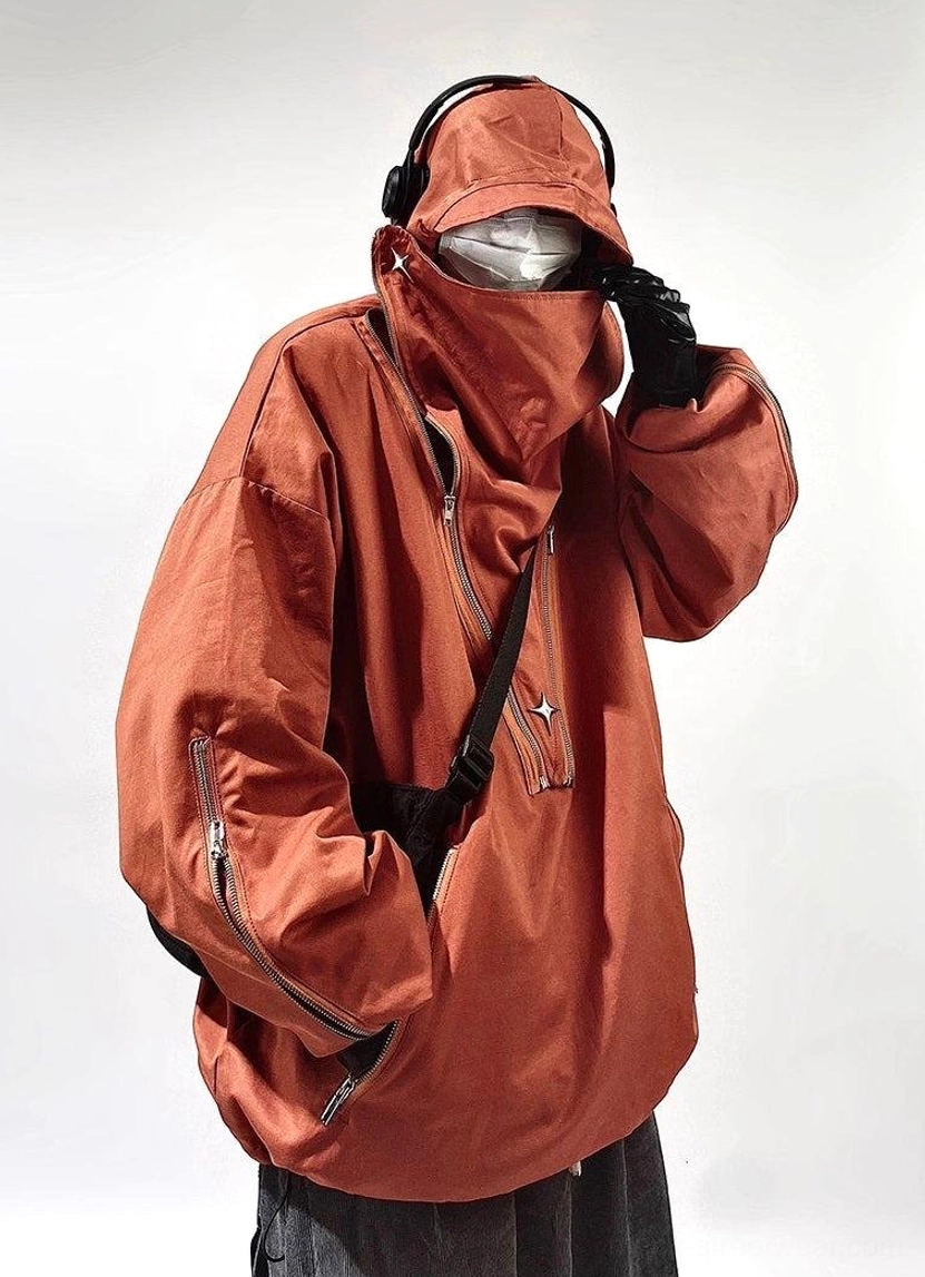 Urban techwear hooded jacket with relaxed oversized fit, layered zipper accents, and adjustable drawstring hem
