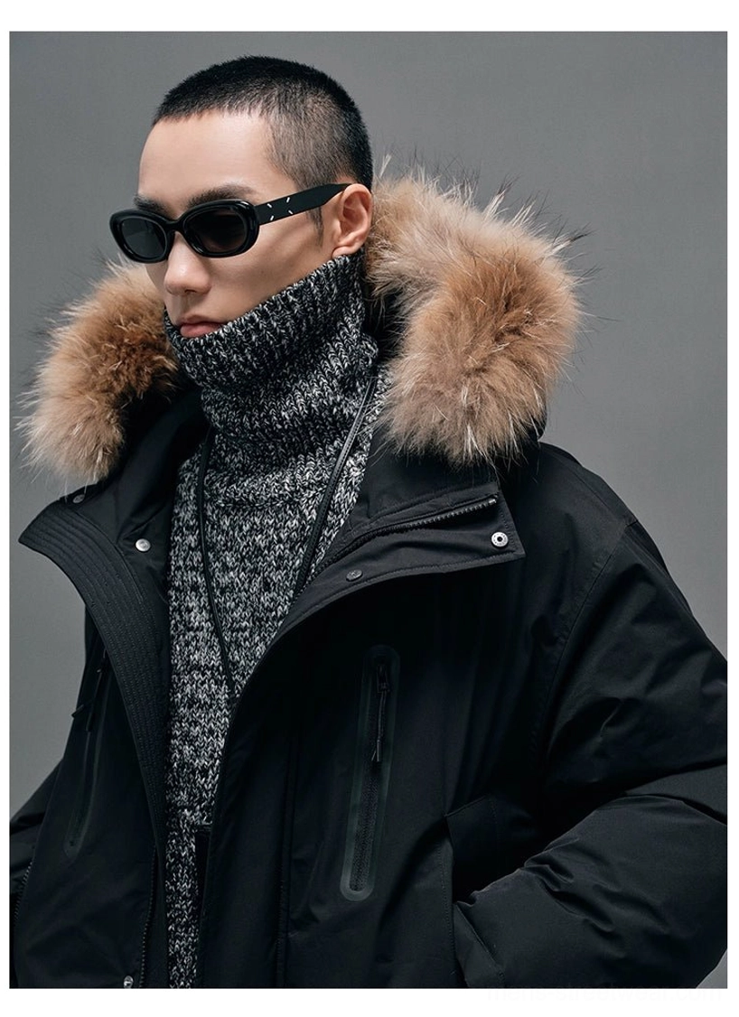 Urban winter down coat featuring plush raccoon fur hood trim, spacious pockets and oversized Seoul streetwear proportions