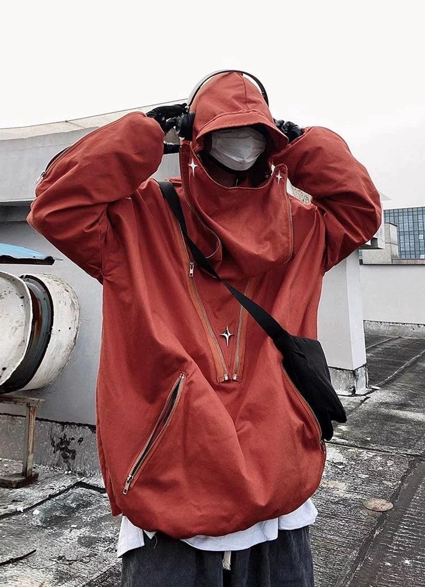 Utility streetwear hooded jacket with modern oversized cut, durable woven blend shell, and futuristic zipper detailing