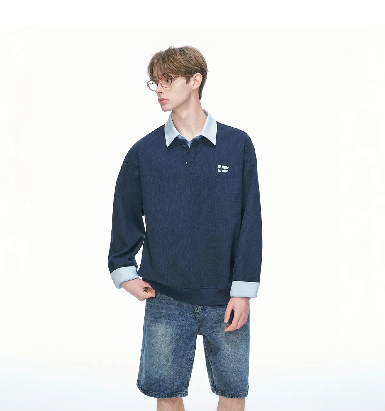Varsity collar rugby sweatshirt product view featuring oversized Korean streetwear proportions contrast trims and quarter-button neckline