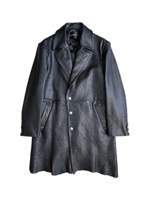Vegetable-tanned horsehide raw-hem leather overcoat in black shown in front flat lay view