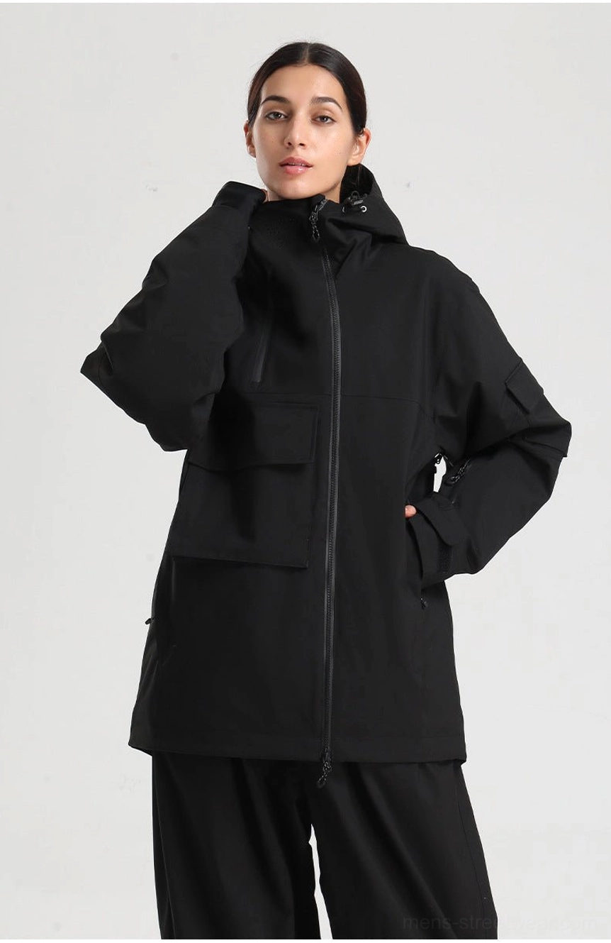 Versatile colorblock snowboard shell for urban outdoor styling with weather-ready polyester construction, hood, insulation, and cargo storage