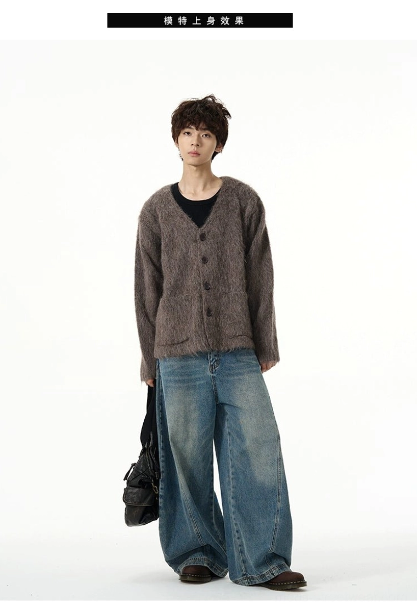 Vintage blue wide-leg balloon denim jeans styled with a brown cardigan and black top for a Korean streetwear look