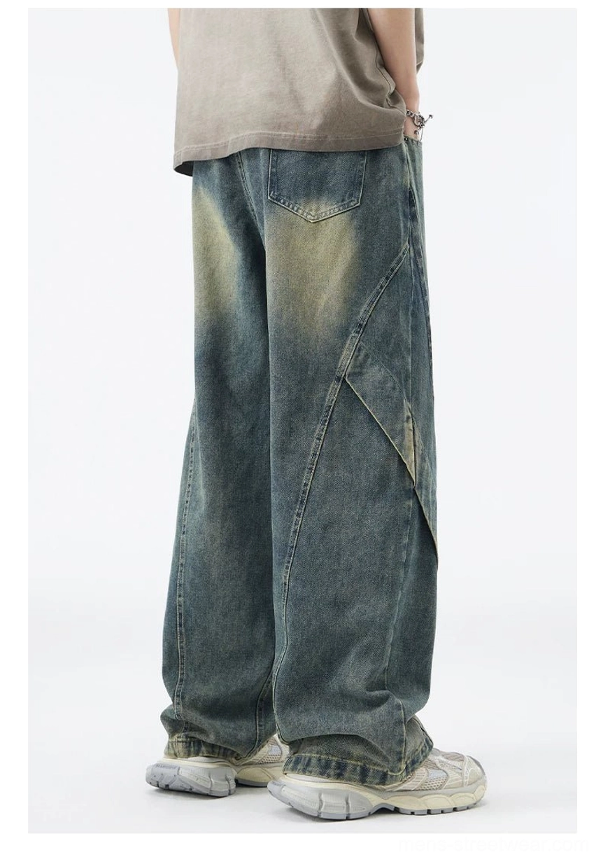 Vintage blue paneled wide-leg jeans rear view showing back pocket detail oversized fit and diagonal side seams