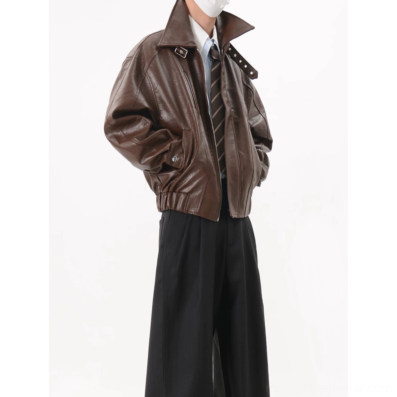 Vintage coffee brown oversized faux leather bomber jacket with buckle stand collar cropped boxy fit and wide-leg streetwear styling
