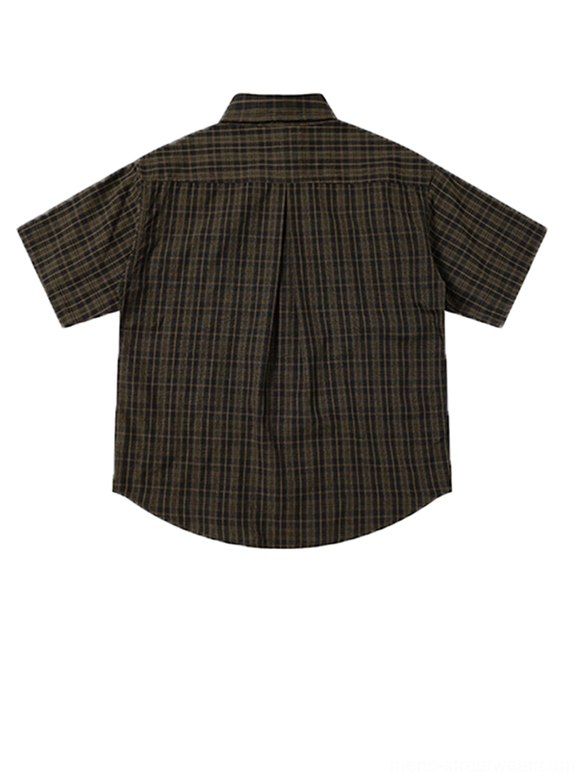 Back flat lay view of a vintage coffee brown plaid short sleeve button shirt showing the central back pleat and curved hem