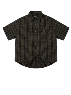 Front flat lay view of a vintage coffee brown plaid short sleeve button shirt with chest pocket, classic collar, front buttons, and curved hem