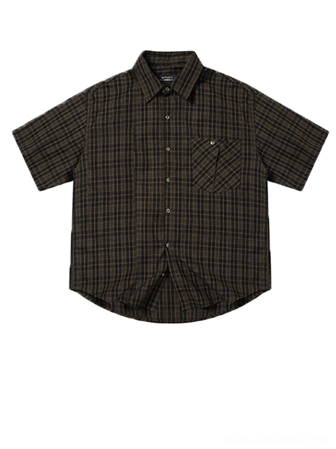 Front flat lay view of a vintage coffee brown plaid short sleeve button shirt with chest pocket, classic collar, front buttons, and curved hem