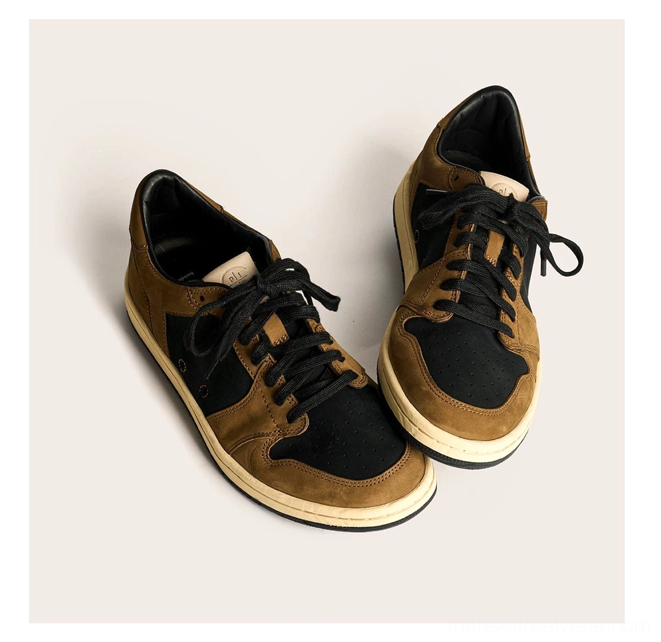 Vintage cowhide leather court sneakers with retro color-block panels and aged rubber outsole product view