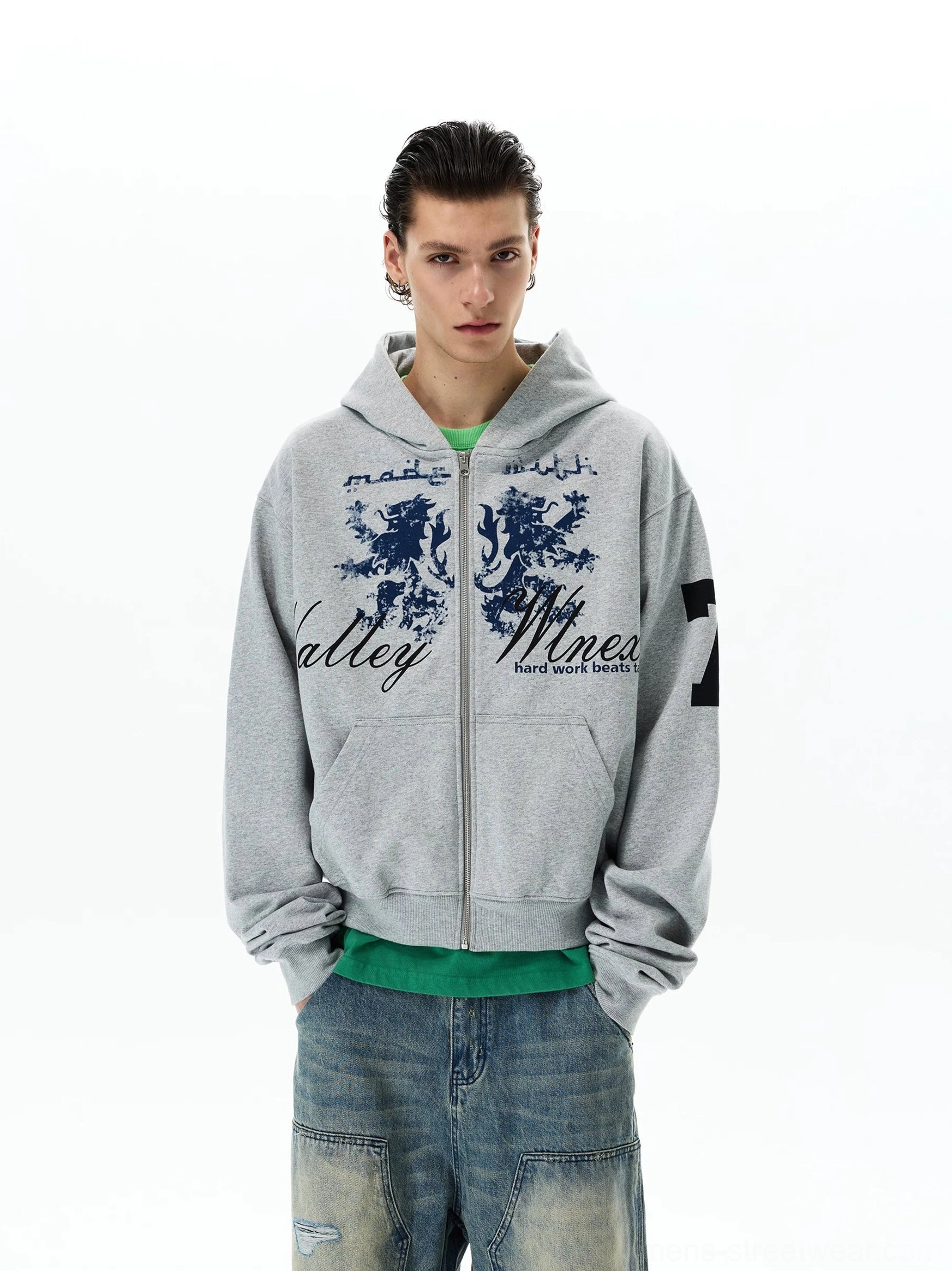 Front view of a heather grey vintage crest zip hoodie with distressed navy lion graphic, varsity slogan, sleeve number 7, hood, full zipper, and kangaroo pockets