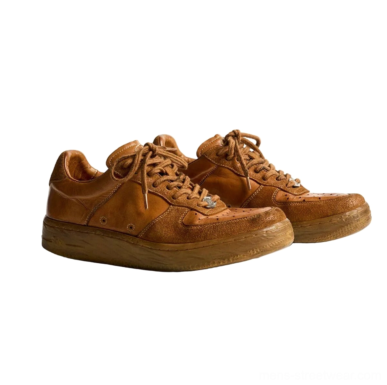 Vintage distressed brown horsehide leather low-top sneakers with perforated toe panels and aged rubber sole side view