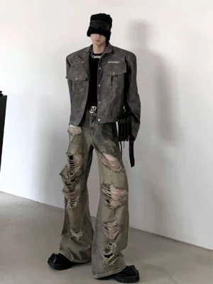 Vintage distressed wide-leg denim cargo pants styled with matching cropped denim jacket in a front full-body streetwear look