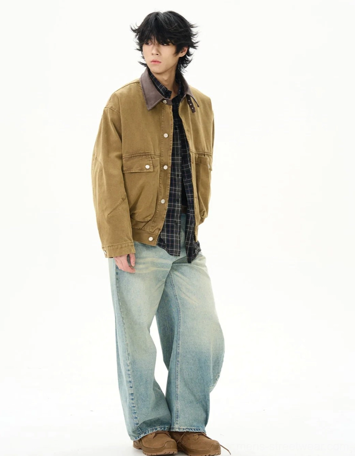 Side view of camel vintage workwear duck canvas jacket with contrast corduroy collar and relaxed silhouette