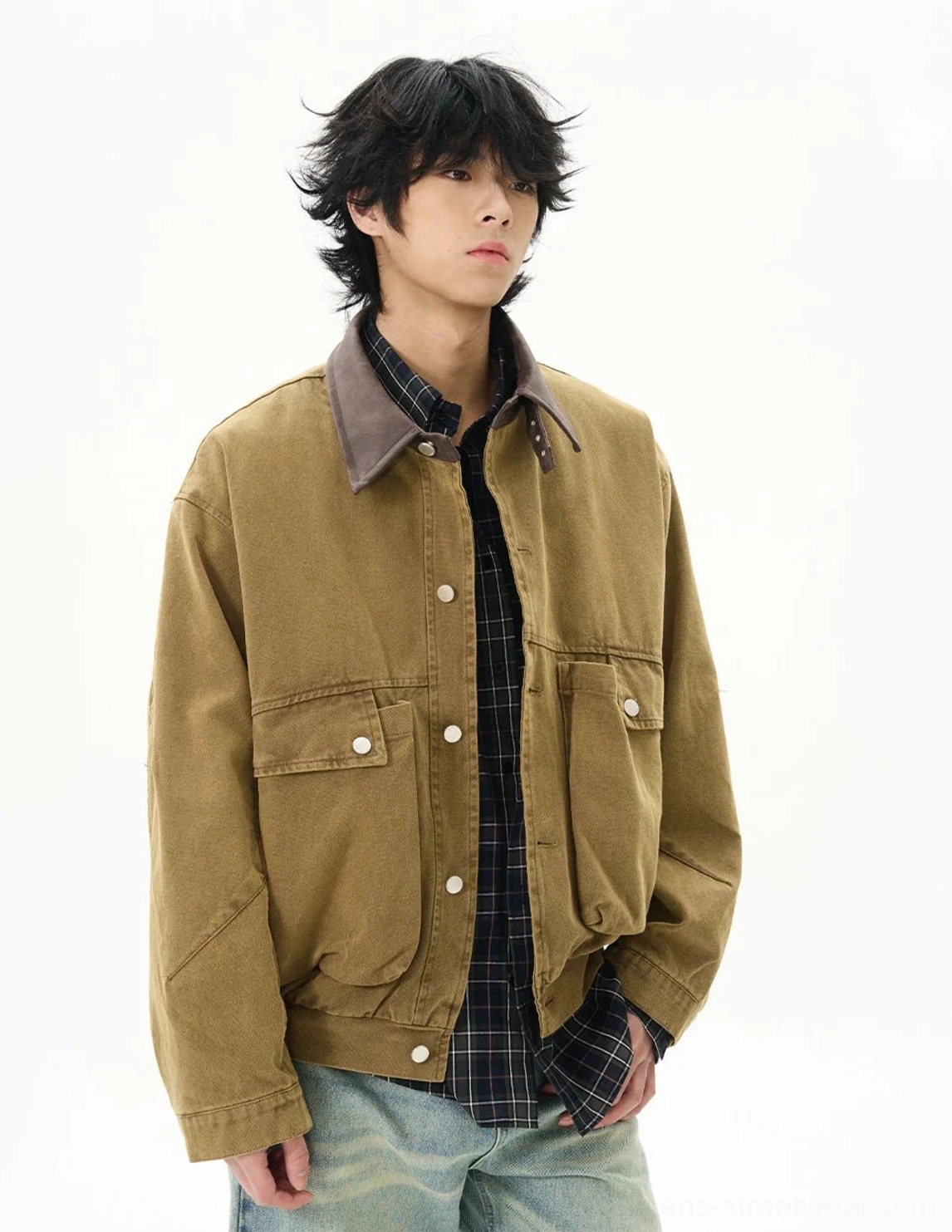 Camel vintage duck canvas work jacket in left three-quarter view showing relaxed dropped shoulder streetwear fit