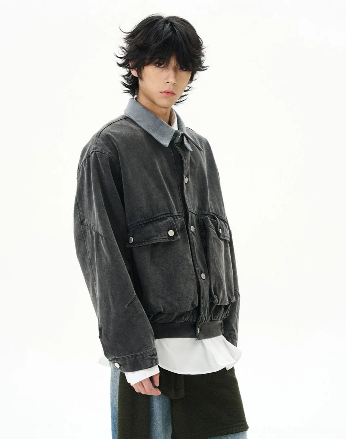 Dark grey vintage duck canvas work jacket styled as relaxed Korean streetwear with layered white t-shirt