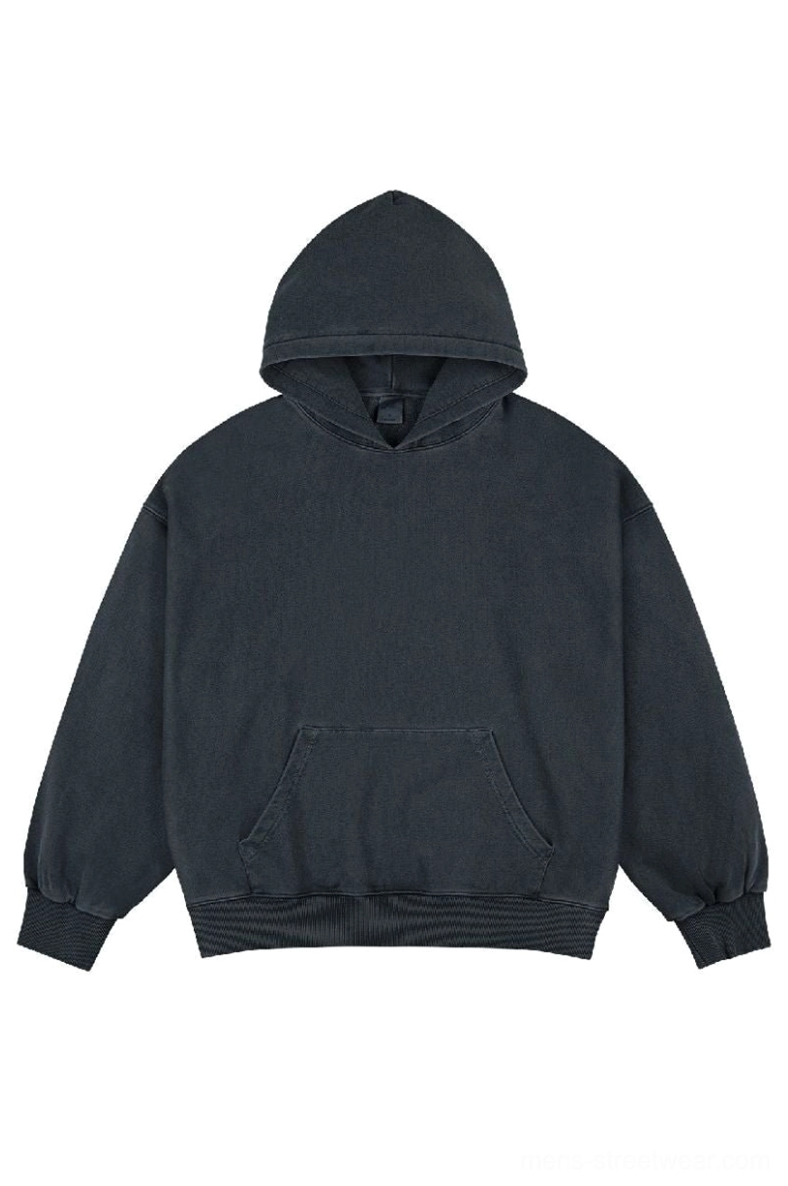 Black vintage faded wash oversized cotton streetwear hoodie flat lay front view with ribbed trim