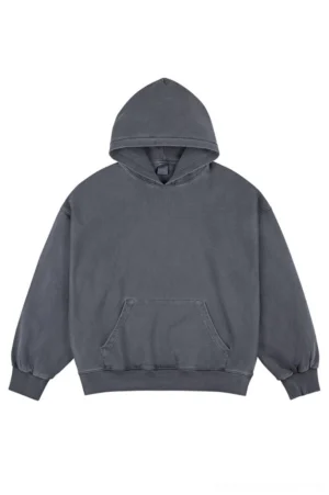 Dark charcoal gray vintage faded wash oversized cotton hoodie front flat lay with kangaroo pocket and ribbed cuffs