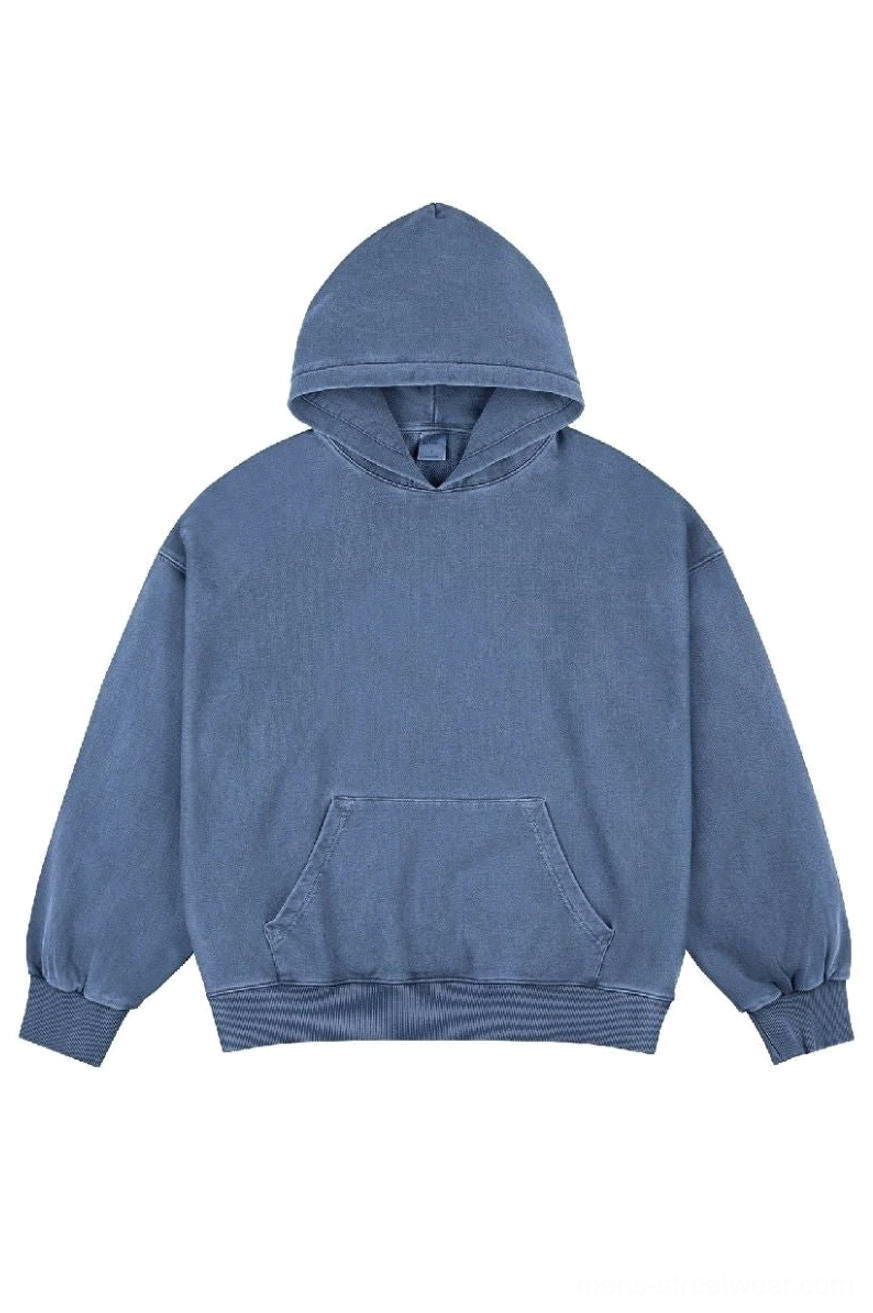 Dusty blue vintage faded wash oversized cotton streetwear hoodie front view with classic kangaroo pocket