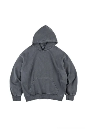 Light stone gray faded wash oversized unisex cotton hoodie front view with hood and kangaroo pocket