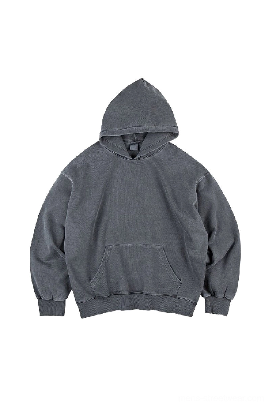 Light stone gray faded wash oversized unisex cotton hoodie front view with hood and kangaroo pocket
