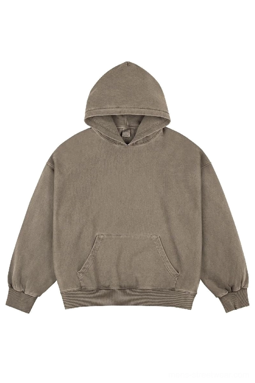 Taupe brown faded wash oversized cotton hoodie front flat lay with kangaroo pocket and ribbed hem
