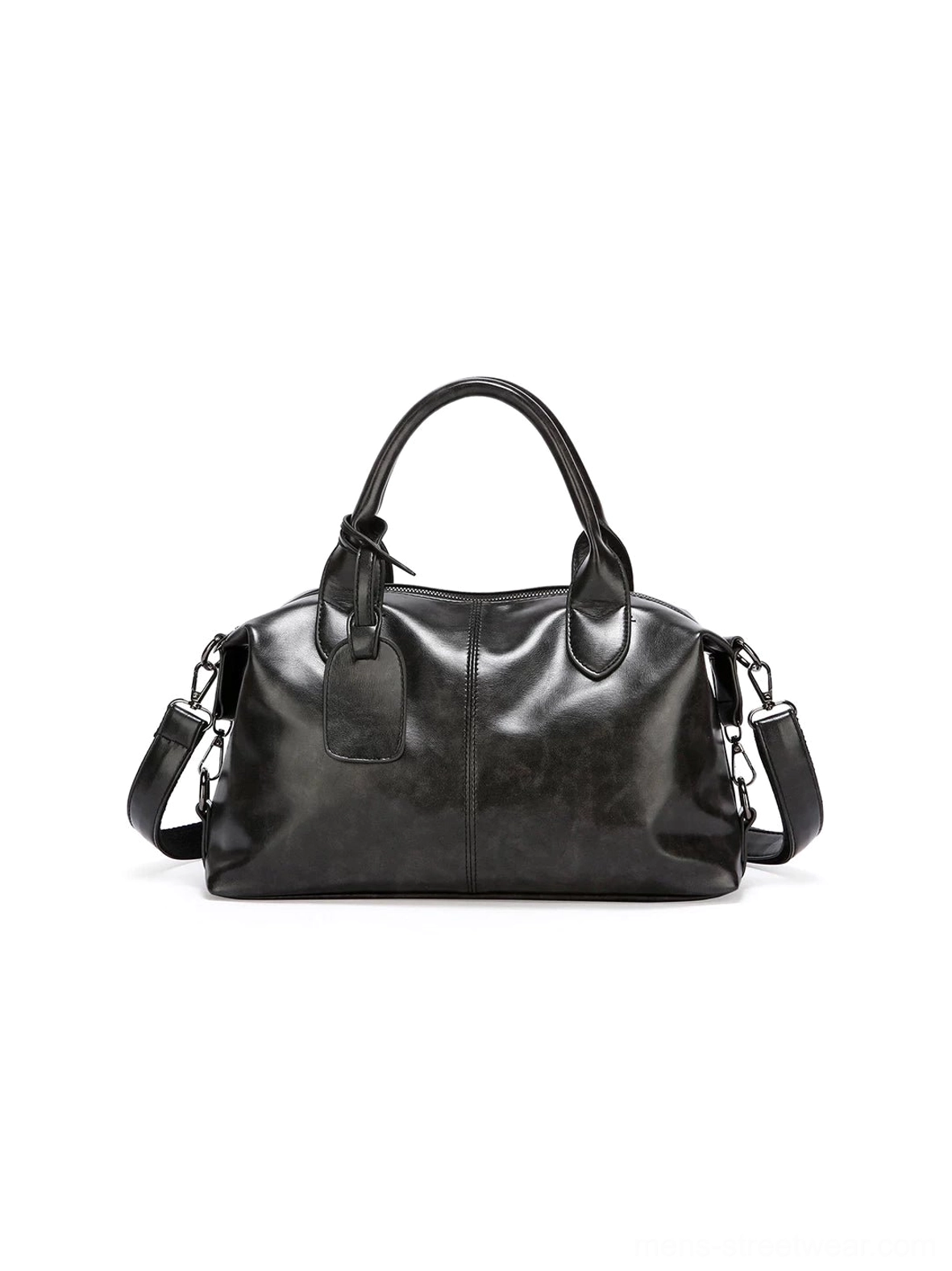 Front product view of black vintage faux leather bowling bag with curved handles detachable shoulder strap and front buckle detail