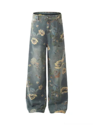 Front flat lay of vintage floral print wide-leg blue denim jeans for Korean streetwear