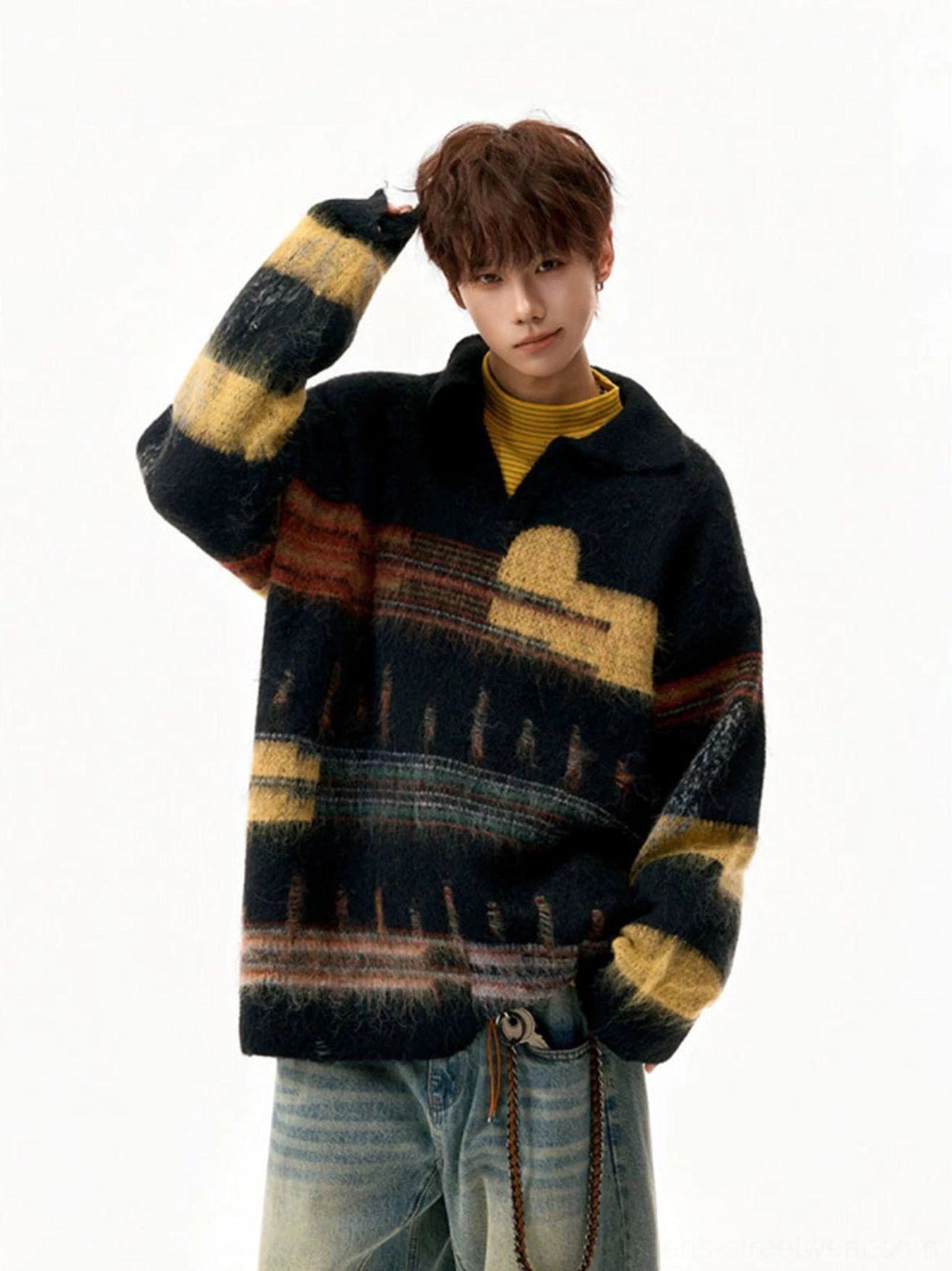Front three-quarter view of a vintage-inspired fuzzy knit polo sweater with plush texture and geometric stripe pattern