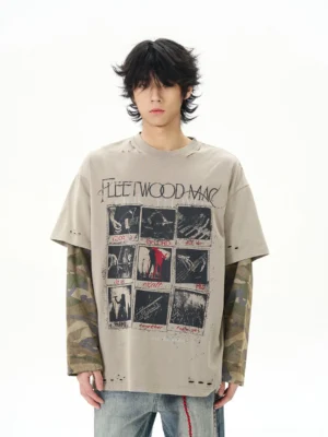 Front full body view of vintage khaki oversized graphic t-shirt with camouflage layered long sleeves and distressed hem
