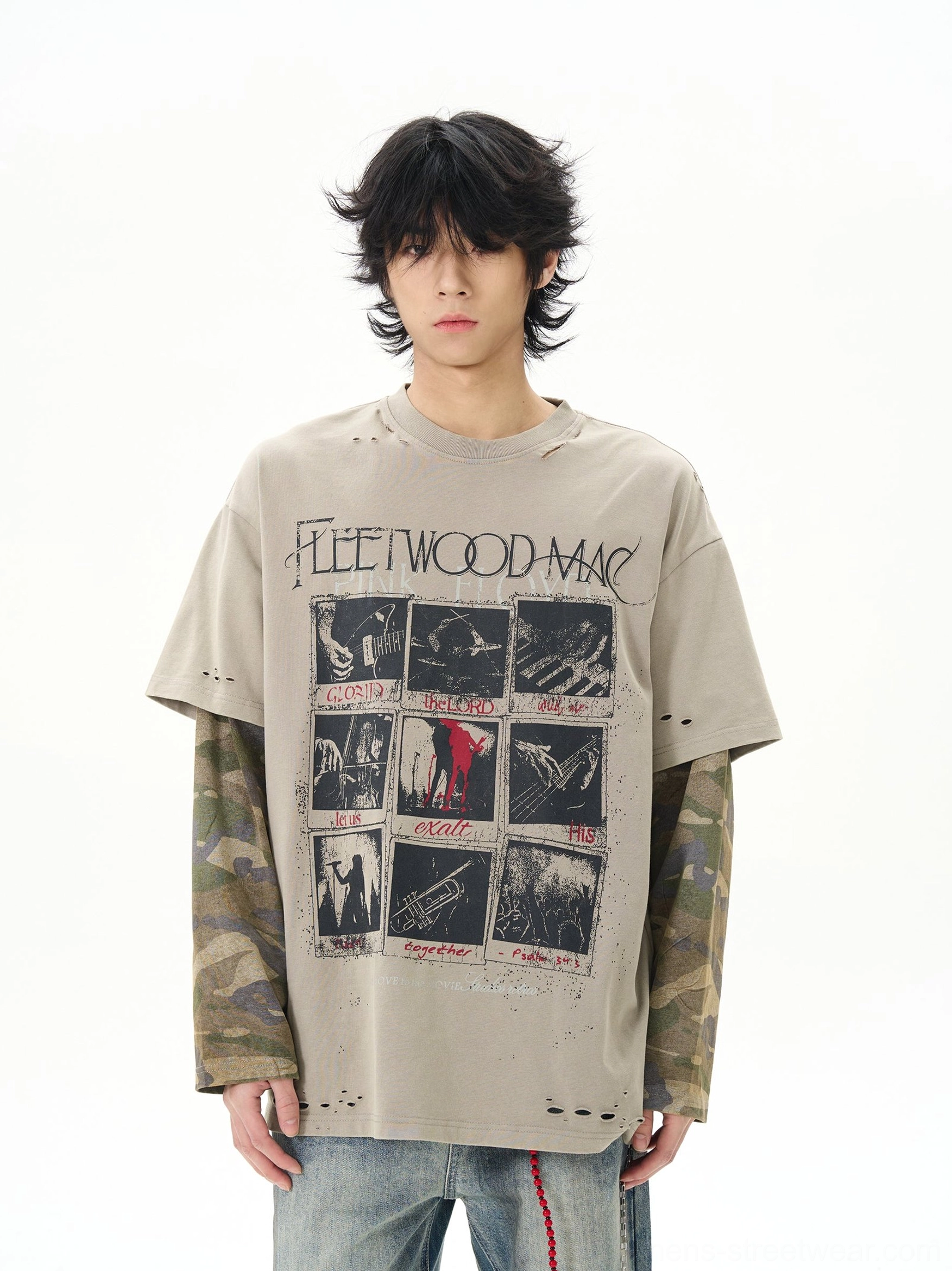 Front full body view of vintage khaki oversized graphic t-shirt with camouflage layered long sleeves and distressed hem