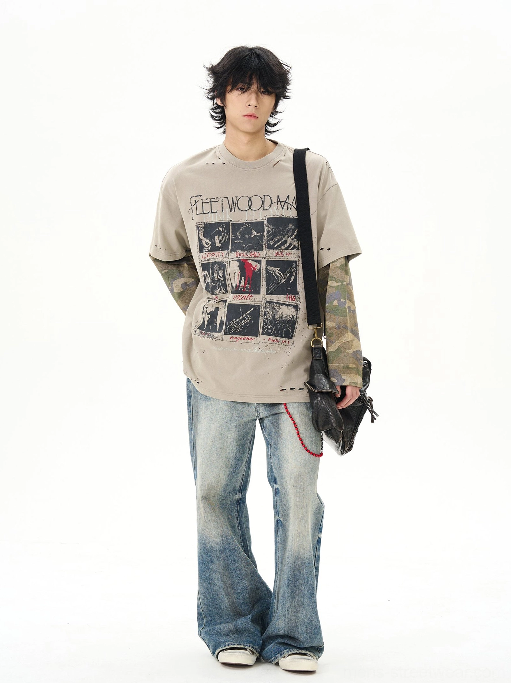 Angled full body view of relaxed fit vintage khaki graphic t-shirt with built in camouflage long sleeve layer