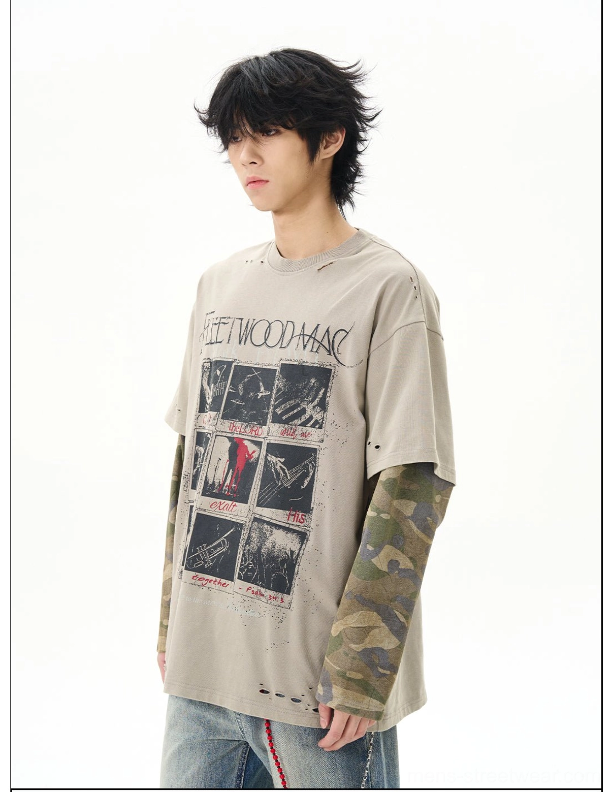 Close up of faded photo grid front graphic distressed neckline and hem on khaki camo layered sleeve t-shirt