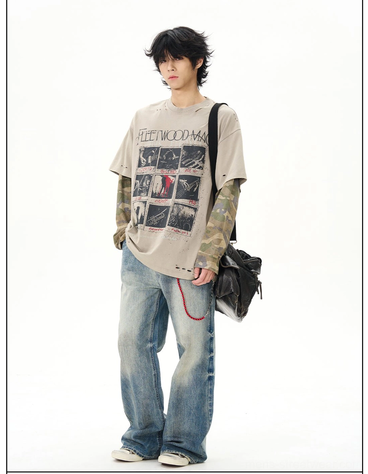 Side view of vintage inspired khaki camo sleeve layered graphic t-shirt with loose streetwear silhouette