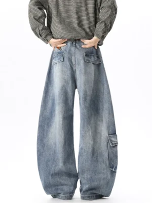 Vintage light wash wide-leg cargo denim jeans shown from the front with rear patch pockets, side utility pocket, belt loops, and oversized Korean streetwear silhouette