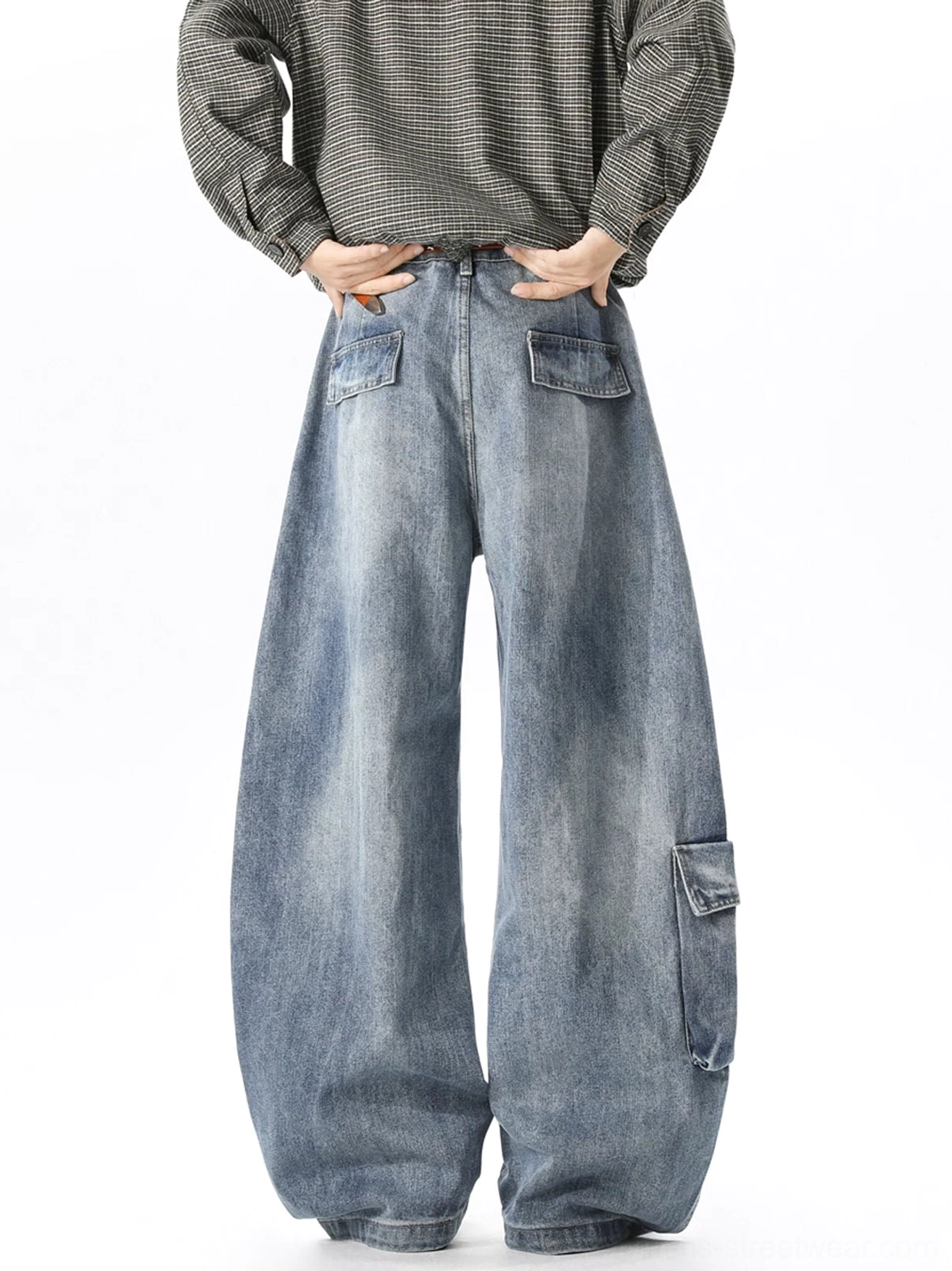 Vintage light wash wide-leg cargo denim jeans shown from the front with rear patch pockets, side utility pocket, belt loops, and oversized Korean streetwear silhouette
