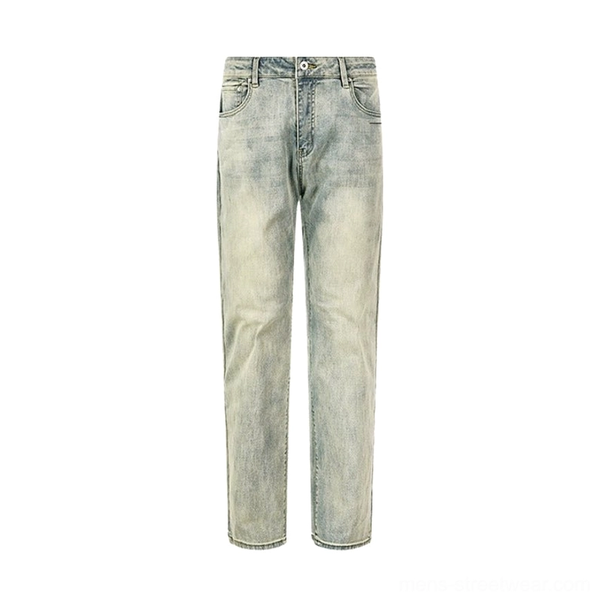 Flat front product view of vintage mud-wash straight-leg jeans showing the waistband, fly, pockets, and faded denim texture