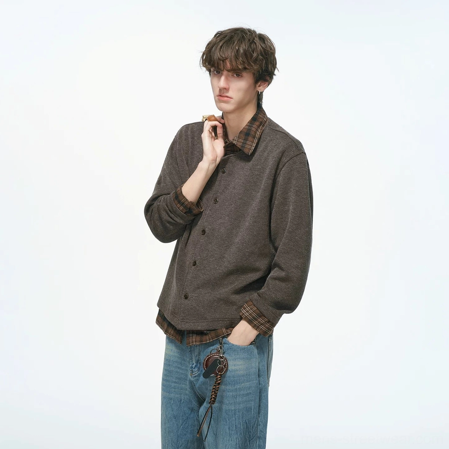 Vintage-inspired plaid collar shirt jacket with a soft knit outer layer for transitional weather