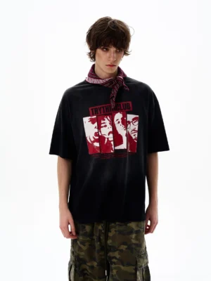 Black vintage portrait graphic oversized streetwear t-shirt front view worn by male model
