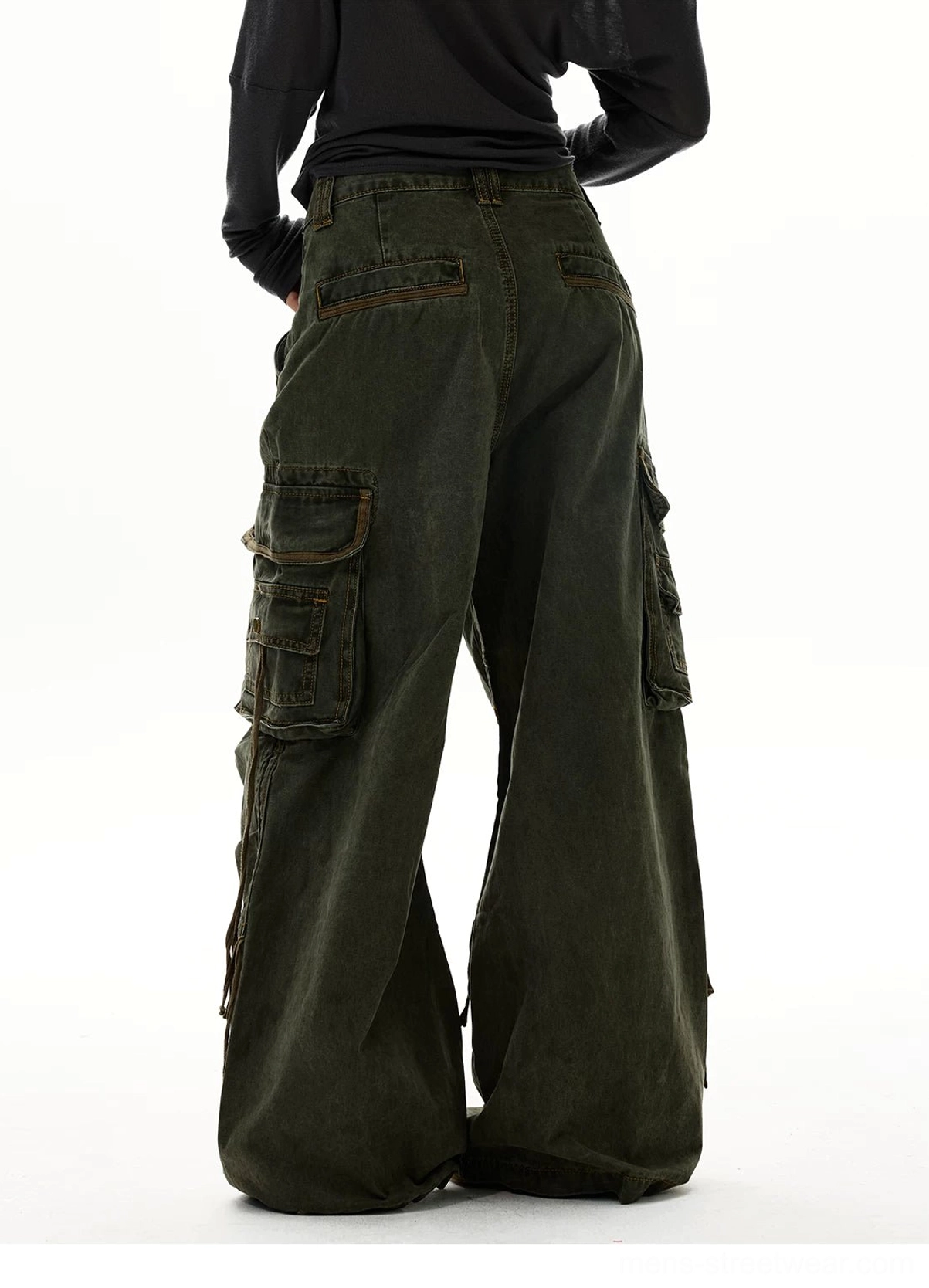 Vintage wash wide leg strap cargo jeans product detail view with cargo pocket construction and metal hardware