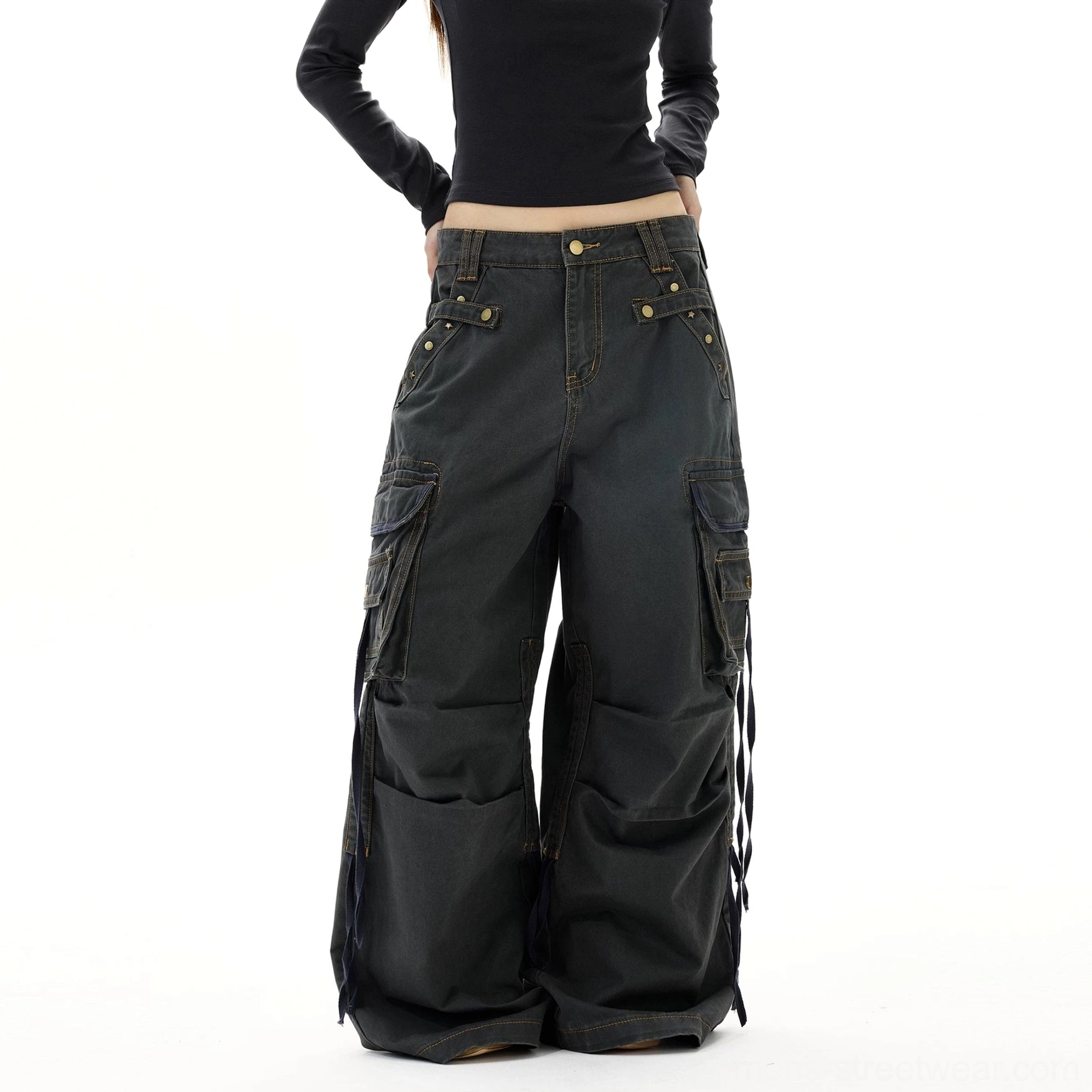 Gray vintage wash wide leg strap cargo jeans with low rise waist, oversized legs, and side drawcord details