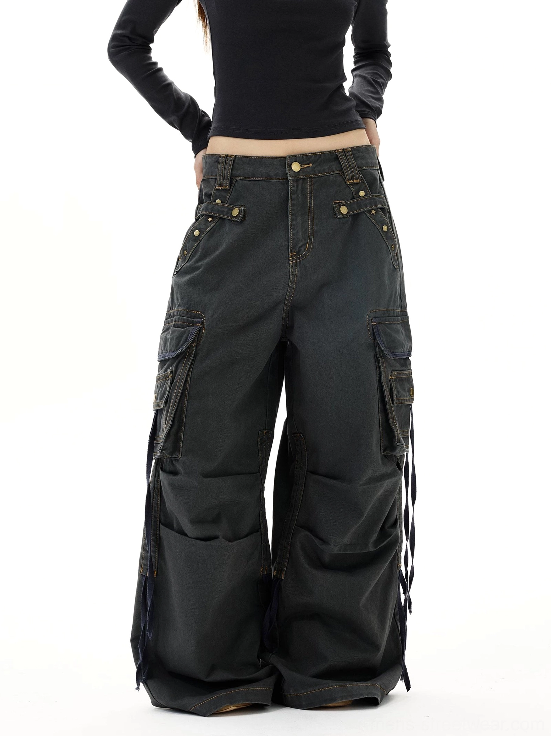 Dark gray vintage wash wide leg strap cargo jeans front lower body view with oversized cargo pockets and side drawcords