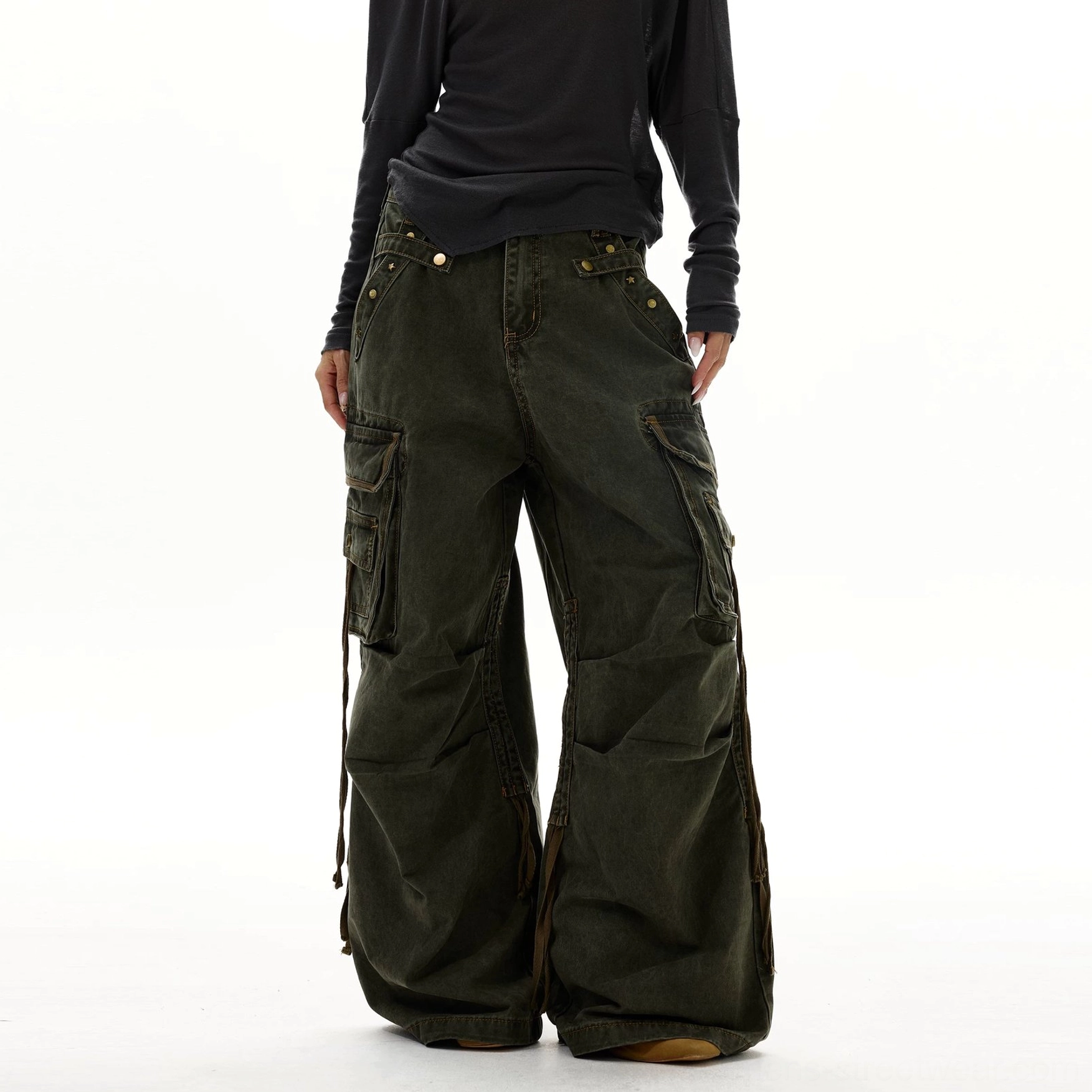 Green vintage wash wide leg strap cargo jeans with oversized utility pockets, riveted straps, and baggy Y2K fit