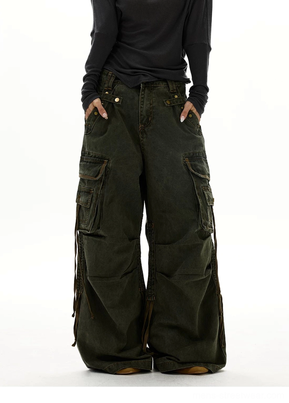 Vintage army green wide leg strap cargo jeans front view with multiple utility pockets and oversized streetwear fit