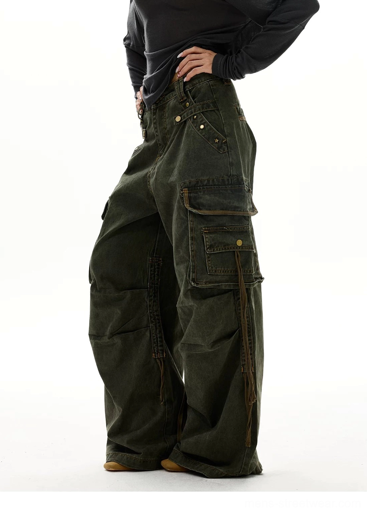 Vintage wash wide leg strap cargo jeans detailed product view showing oversized Y2K utility denim styling