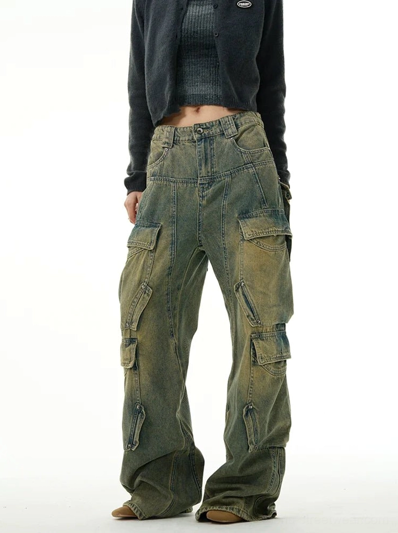 Front view of blue vintage washed multi-pocket cargo denim jeans with a relaxed wide-leg fit and oversized utility pockets