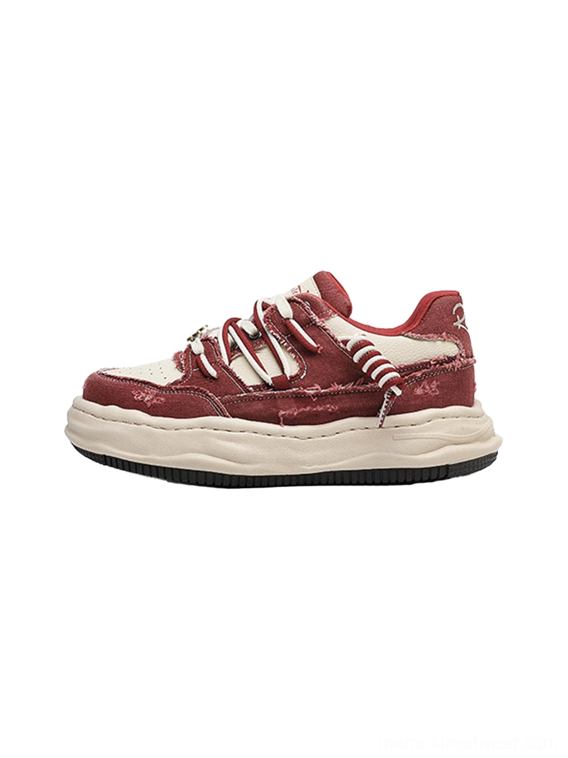 Vintage washed red and cream denim platform sneakers shown from above with distressed texture, layered laces, and chunky streetwear sole
